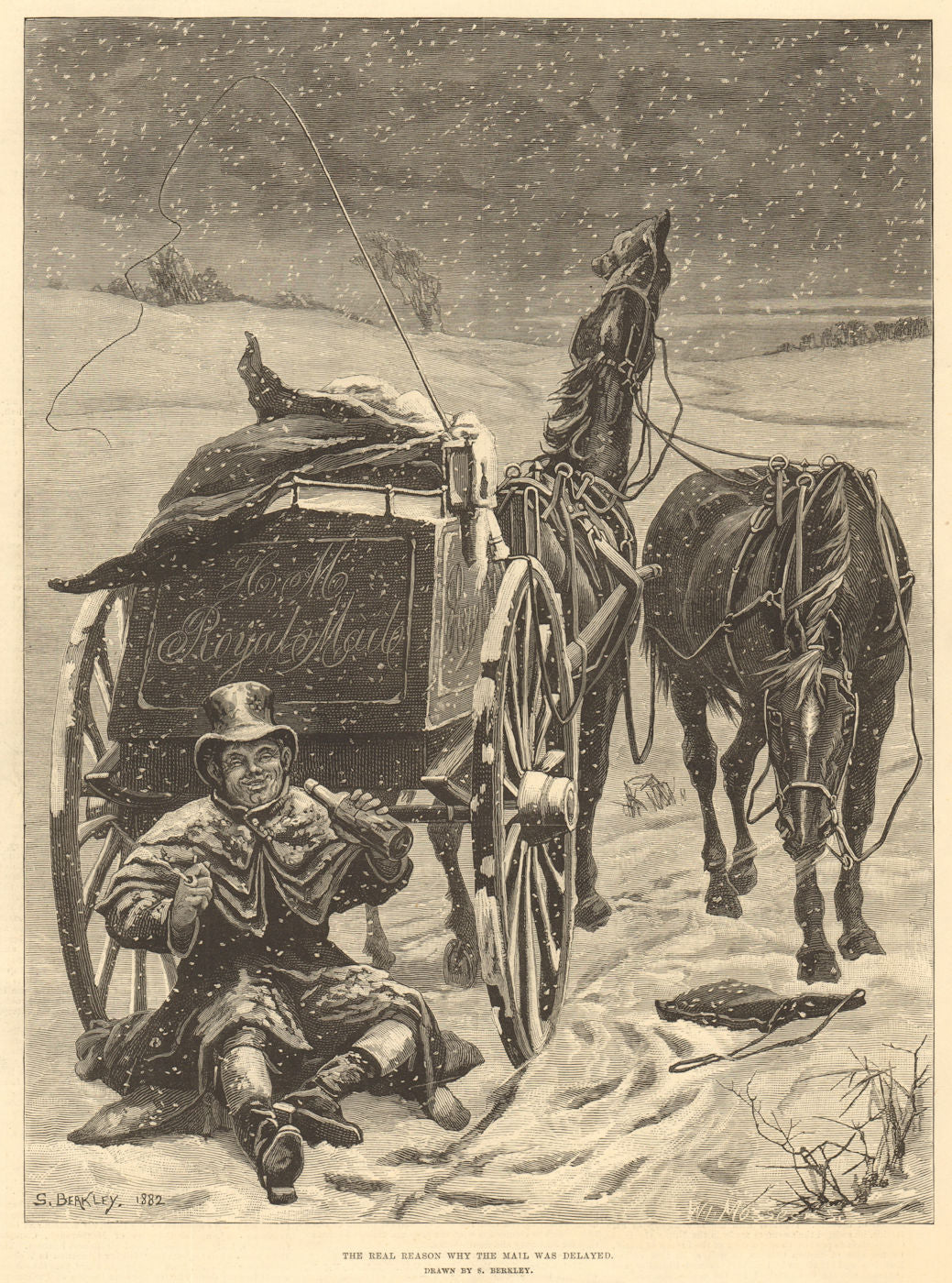 The real reason why the mail was delayed. Drunken Postman. S. Berkley 1882